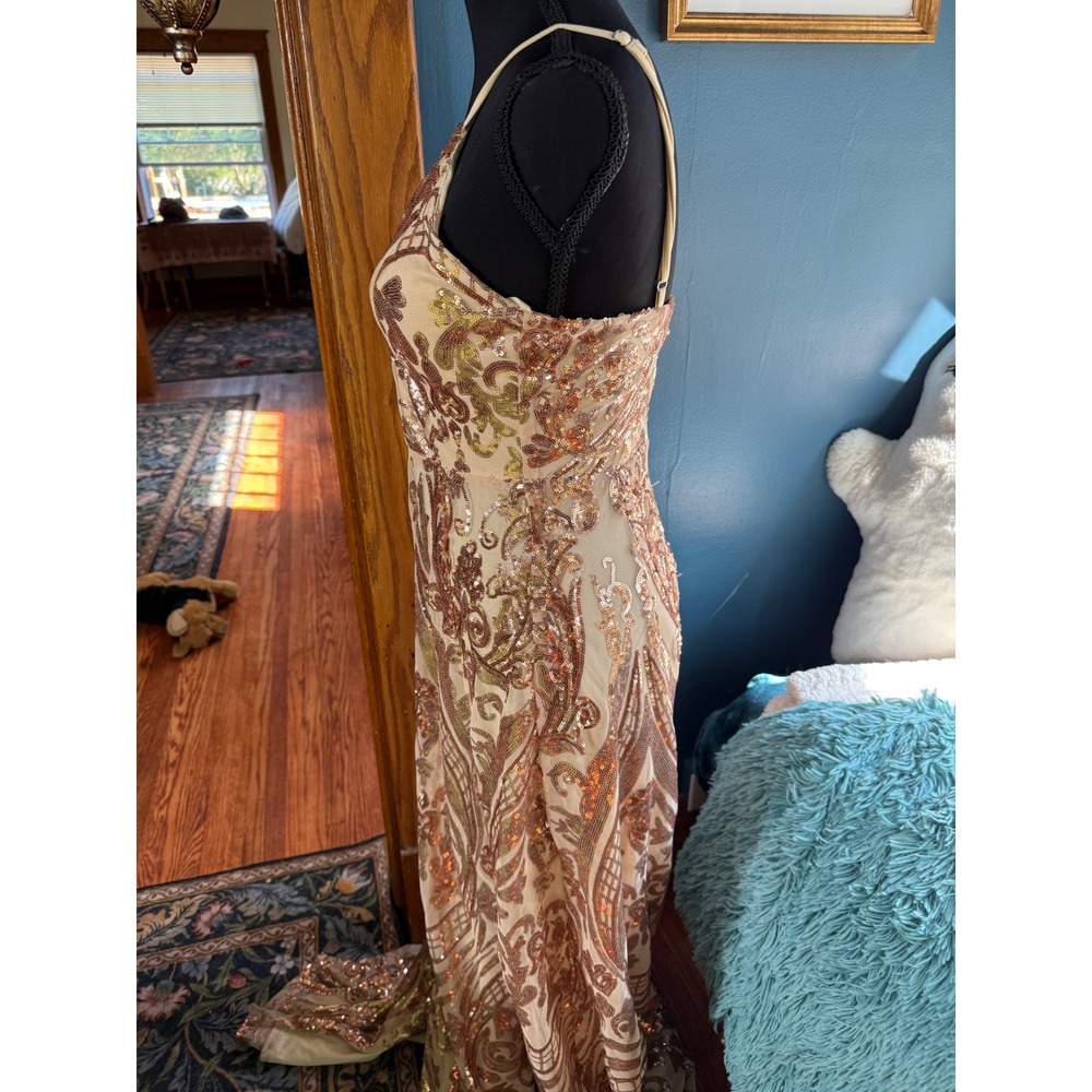Windsor Rose Gold Sequin Double Slit Formal Gown Maxi Dress V-Neck Prom Gala SM - Picture 5 of 14